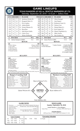 GAME LINEUPS TEXAS RANGERS (67-93) Vs