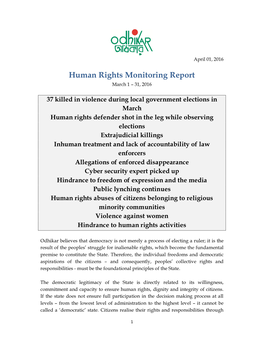 Human Rights Monitoring Report March 1 – 31, 2016