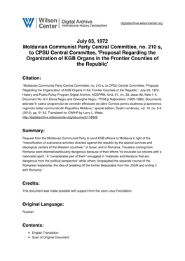 July 03, 1972 Moldavian Communist Party Central Committee, No. 210 S, to CPSU Central Committee, 'Proposal Regarding the Organiz