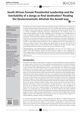 South African Female Presidential Leadership and the Inevitability of a Donga As Final Destination? Reading the Deuteronomistic Athaliah Thebosadi Way