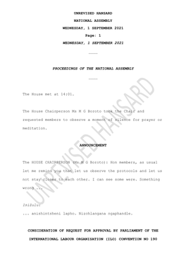 Unrevised Hansard National Assembly Wednesday, 1 September 2021