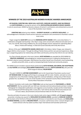 Winners of the 2019 Australian Women in Music Awards Announced