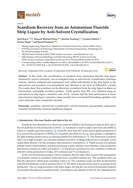 Scandium Recovery from an Ammonium Fluoride Strip Liquor by Anti-Solvent Crystallization