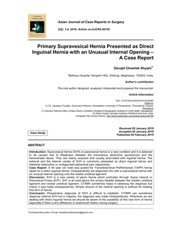 Primary Supravesical Hernia Presented As Direct Inguinal Hernia with an Unusual Internal Opening – a Case Report