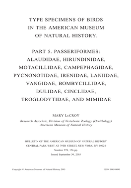 Type Specimens of Birds in the American Museum of Natural History