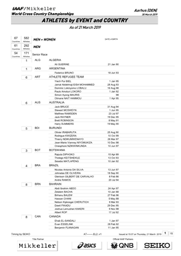 ATHLETES by EVENT and COUNTRY As of 21 March 2019