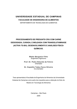 Universidade Estadual De Campinas Faculdade De Engenharia De Alimentos Departamento De Tecnologia De Alimentos