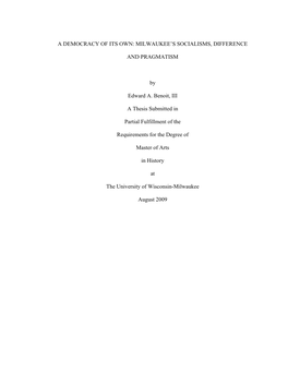 A Democracy of Its Own: Milwaukee's Socialisms, Difference