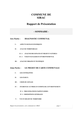 COMMUNE DE SIRAC Rapport De Présentation