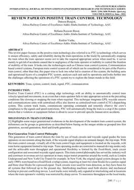 REVIEW PAPER on POSITIVE TRAIN CONTROL TECHNOLOGY Danson Byegon, Africa Railway Center of Excellence-Addis Ababa Institute of Technology, AAU