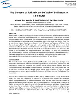 The Elements of Sufism in the Da`Wah of Bediuzzaman Sa'id Nursi