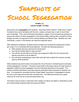 Snapshots of School Segregation Grades 1­3 Lesson Length: 3­5 Days