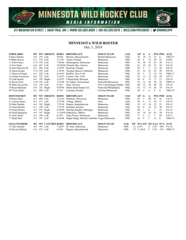 MINNESOTA WILD ROSTER Oct. 1, 2019