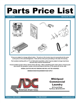 Parts Price List Juneaugust 15, 1, 2016 2014 ADCADC Part No