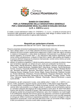 Bando Di Concorso Per La Formazione Della Graduatoria Generale Per L’Assegnazione Degli Alloggi Di Edilizia Sociale (L.R