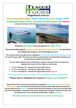 Great Australian Bight Whale Watching Tours August 2021 Ex Adelaide Airport Return – Fly In/Out of Port Lincoln with Qantas $1,995 Pp Twin Share* (GST Inclusive)