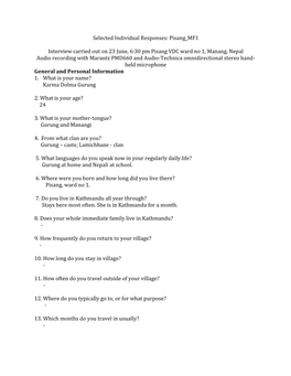 Selected Individual Responses: Pisang MF1 Interview Carried Out