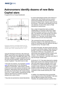 Astronomers Identify Dozens of New Beta Cephei Stars 7 August 2019, by Tomasz Nowakowski