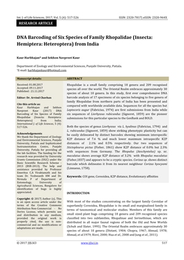 DNA Barcoding of Six Species of Family Rhopalidae (Insecta: Hemiptera: Heteroptera) from India