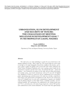 Urbanization, Slum Development and Security of Tenure: the Challenges of Meeting Millennium Development Goal 7 in Metropolitan Lagos, Nigeria
