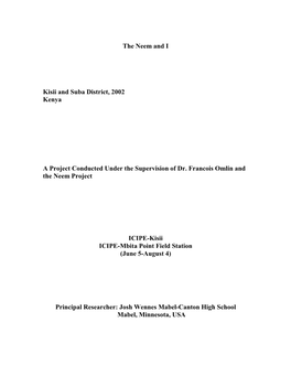 The Neem and I Kisii and Suba District, 2002 Kenya a Project Conducted