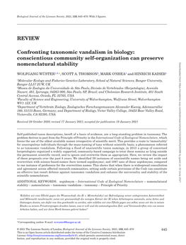 REVIEW Confronting Taxonomic Vandalism in Biology: Conscientious