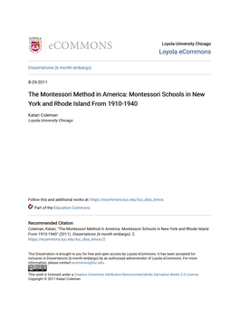 The Montessori Method in America: Montessori Schools in New York and Rhode Island from 1910-1940