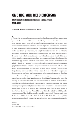 ONE INC. and REED ERICKSON the Uneasy Collaboration of Gay and Trans Activism, 1964–2003