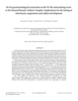 Re-Os Geochronological Constraints on the W-Mo Mineralizing Event in the Mount Pleasant Caldera Complex