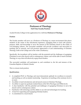 Professor of Theology Full-Time Faculty Position