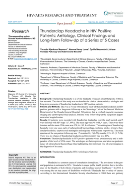 Thunderclap Headache in HIV Positive Patients Occurs Spontaneously and Is Inde- Pendent of the Level of CD4 Count