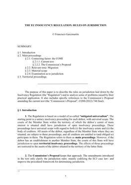 The Eu Insolvency Regulation: Rules on Jurisdiction