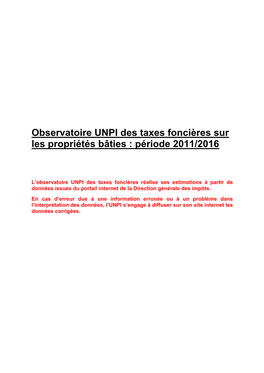 Observatoire UNPI Des Taxes Foncières Sur Les Propriétés Bâties : Période 2011/2016