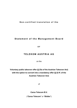 Statement of the Management Board TELEKOM AUSTRIA AG