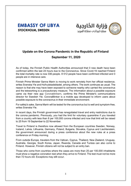 Update on the Corona Pandemic in the Republic of Finland September 11, 2020