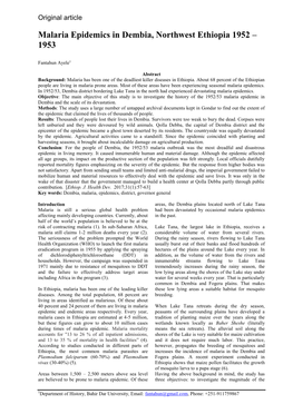 Malaria Epidemics in Dembia, Northwest Ethiopia 1952 – 1953