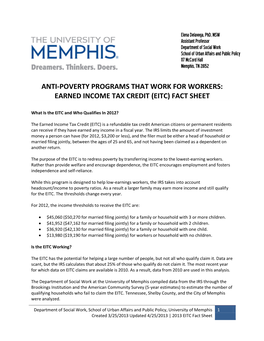 Anti-Poverty Programs That Work for Workers: Earned Income Tax Credit (Eitc) Fact Sheet