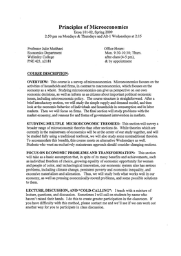 Principles Ofmicroeconomics Beon 101-02, Spring 2009 2:50 Pm on Mondays & Thursdays and Alt-1 Wednesdays at 2:15