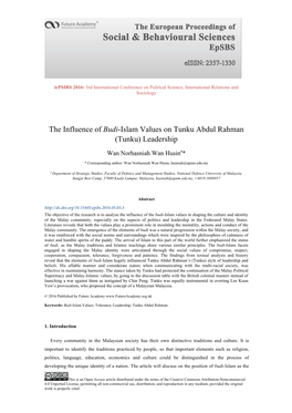 The Influence of Budi-Islam Values on Tunku Abdul Rahman (Tunku) Leadership