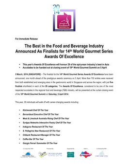 The Best in the Food and Beverage Industry Announced As Finalists for 14Th World Gourmet Series Awards of Excellence