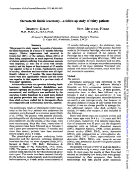 Stereotactic Limbic Leucotomy-A Follow-Up Study of Thirty Patients