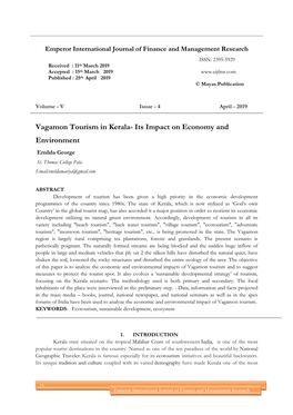 Vagamon Tourism in Kerala- Its Impact on Economy And