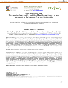 Therapeutic Plants Used by Traditional Health Practitioners to Treat Pneumonia in the Limpopo Province, South Africa