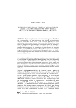 The First Computational Theory of Mind and Brain: a Close Look at Mcculloch and Pitts’S ‘‘Logical Calculus of Ideas Immanent in Nervous Activity’’