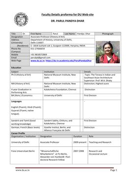 Faculty Details Proforma for DU Web-Site DR. PARUL PANDYA DHAR