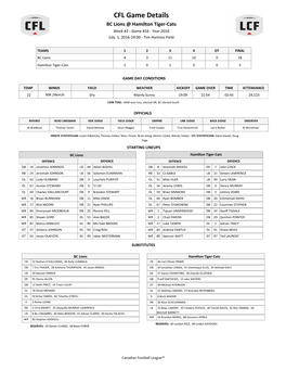CFL Game Details BC Lions @ Hamilton Tiger-Cats Week #2 - Game #16 - Year 2016 July 1, 2016-19:00 - Tim Hortons Field