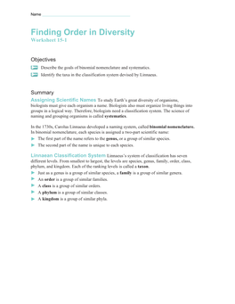 Systematics Worksheet