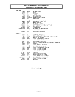 WALT DISNEY STUDIOS MOTION PICTURES RELEASE SCHEDULE (Page 1 of 2)