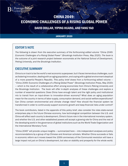 China 2049: Economic Challenges of a Rising Global Power David Dollar, Yiping Huang, and Yang Yao