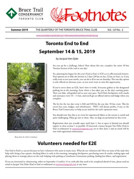 Toronto End to End September 14 & 15, 2019 Volunteers Needed For